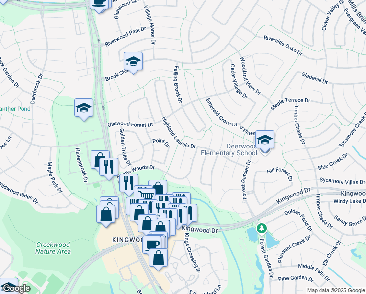 map of restaurants, bars, coffee shops, grocery stores, and more near 2814 Grand Falls Drive in Houston