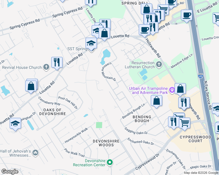 map of restaurants, bars, coffee shops, grocery stores, and more near 20315 Louetta Reach Drive in Spring