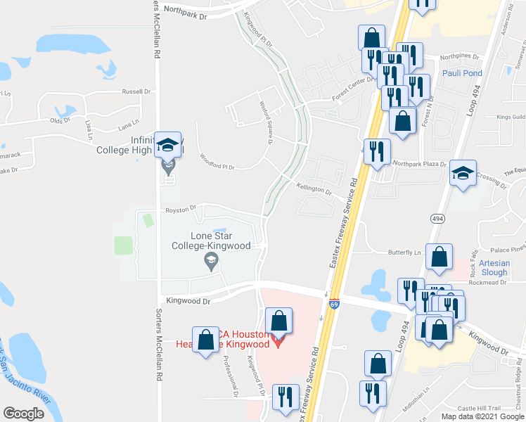 map of restaurants, bars, coffee shops, grocery stores, and more near 938 Kingwood Place Drive in Houston