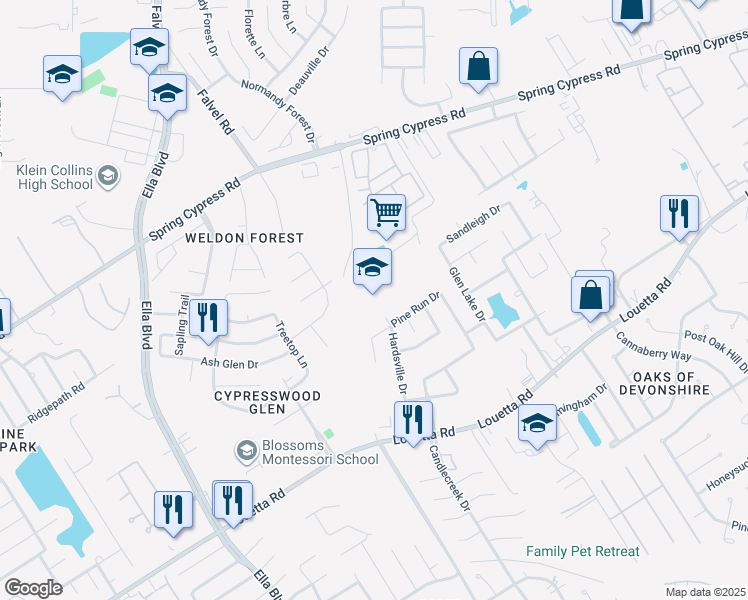 map of restaurants, bars, coffee shops, grocery stores, and more near in Spring