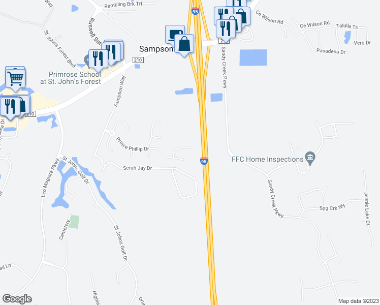 map of restaurants, bars, coffee shops, grocery stores, and more near 947 Churchhill Lane in Saint Augustine