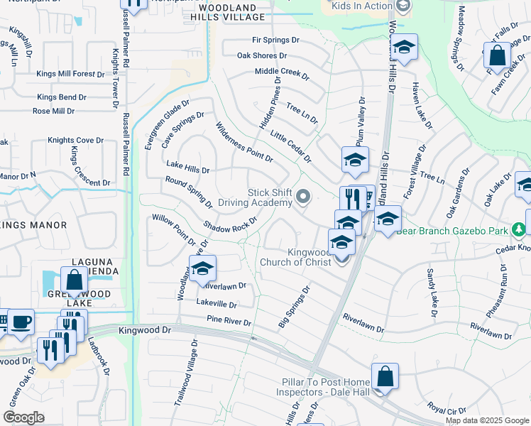 map of restaurants, bars, coffee shops, grocery stores, and more near 2931 Big Meadows Drive in Humble