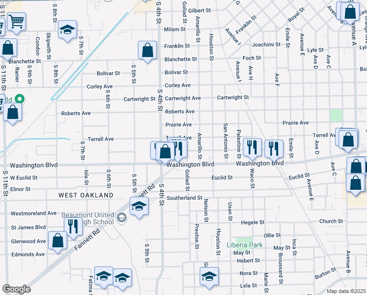 map of restaurants, bars, coffee shops, grocery stores, and more near 2984 Goliad Street in Beaumont