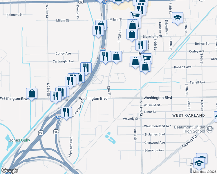 map of restaurants, bars, coffee shops, grocery stores, and more near 2825 South 12th Street in Beaumont