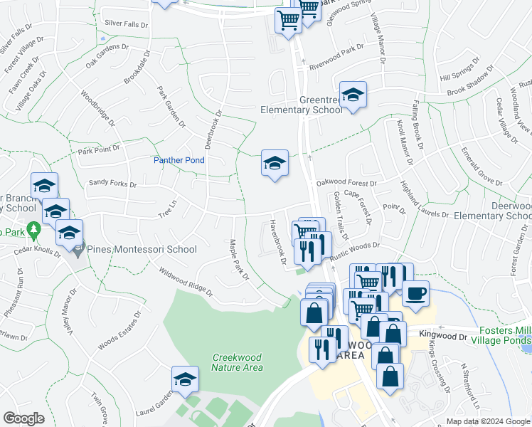 map of restaurants, bars, coffee shops, grocery stores, and more near 3758 Sandy Forks Drive in Houston