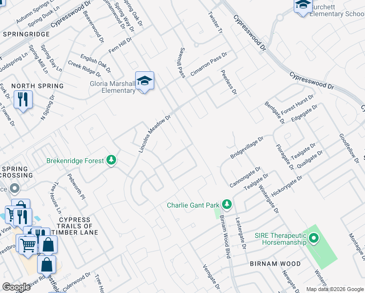 map of restaurants, bars, coffee shops, grocery stores, and more near 3727 Indigo Forest Street in Spring