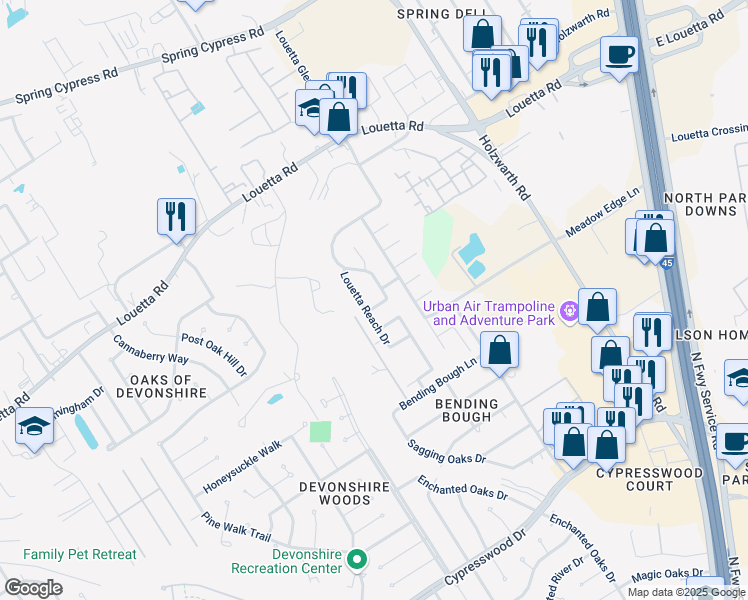 map of restaurants, bars, coffee shops, grocery stores, and more near 2007 Louetta Mist Drive in Spring