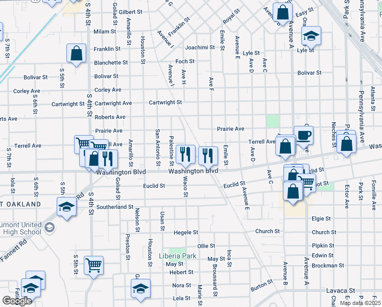 map of restaurants, bars, coffee shops, grocery stores, and more near 2150 Rockwell Avenue in Beaumont