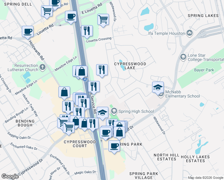 map of restaurants, bars, coffee shops, grocery stores, and more near 19811 Cypresswood Falls in Spring