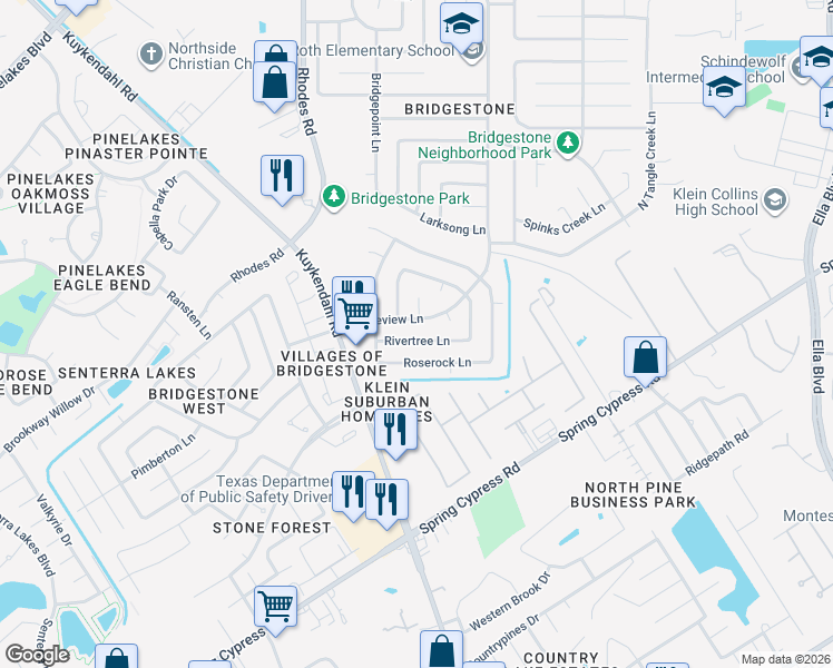 map of restaurants, bars, coffee shops, grocery stores, and more near 4811 Rivertree Lane in Spring