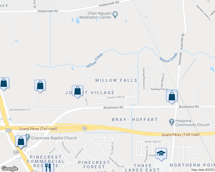 map of restaurants, bars, coffee shops, grocery stores, and more near 20211 Niagra Falls Drive in Tomball
