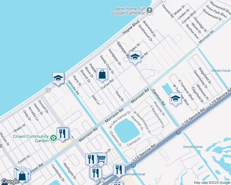 map of restaurants, bars, coffee shops, grocery stores, and more near 7580 Dune Drive in New Orleans