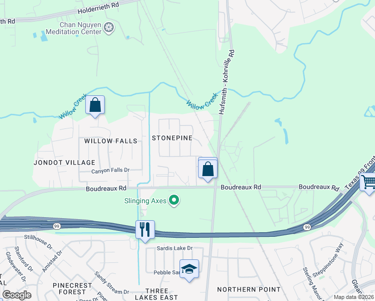 map of restaurants, bars, coffee shops, grocery stores, and more near 20202 Pine Water Lane in Tomball