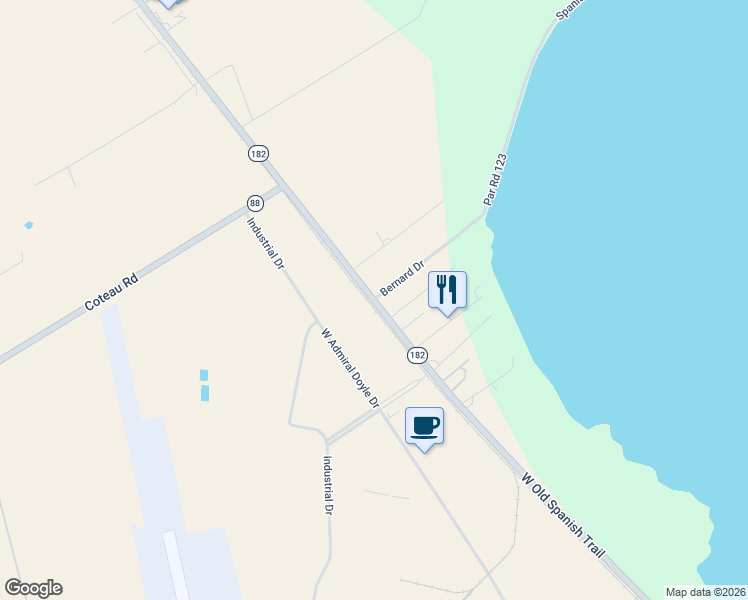 map of restaurants, bars, coffee shops, grocery stores, and more near 100 Bernard Drive in New Iberia