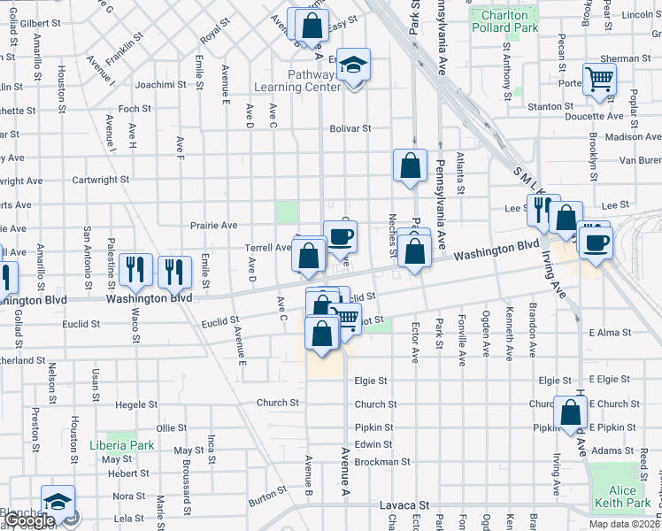 map of restaurants, bars, coffee shops, grocery stores, and more near 1398 Washington Boulevard in Beaumont