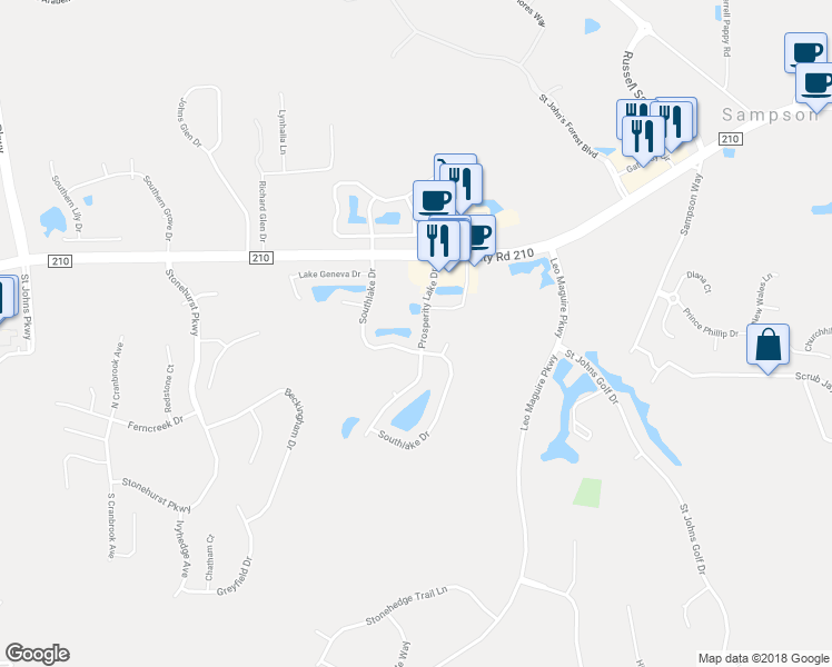 map of restaurants, bars, coffee shops, grocery stores, and more near 505 Prosperity Lake Drive in St. Augustine