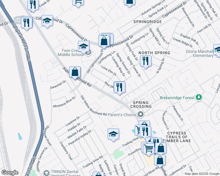 map of restaurants, bars, coffee shops, grocery stores, and more near 24015 Red Sky Drive in Spring