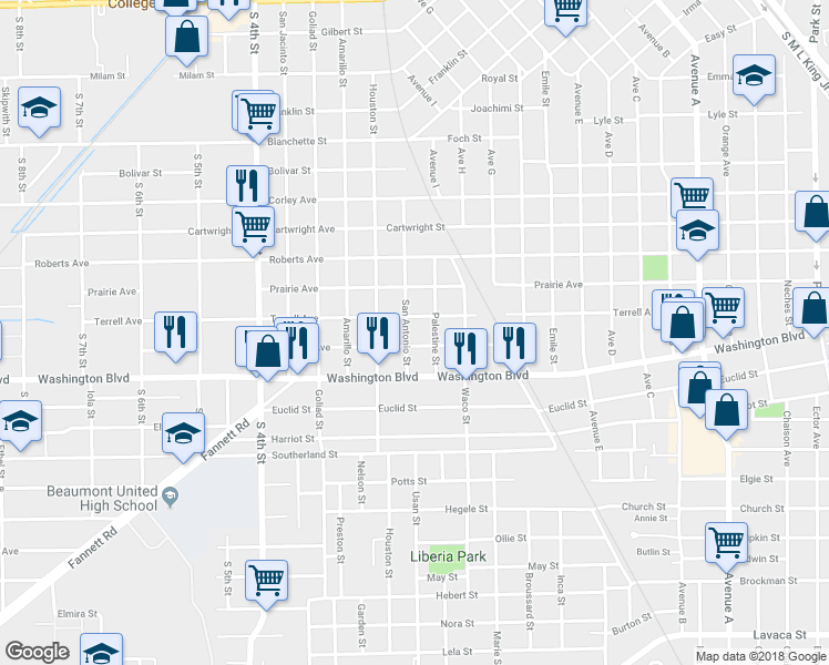 map of restaurants, bars, coffee shops, grocery stores, and more near 2935 San Antonio Street in Beaumont
