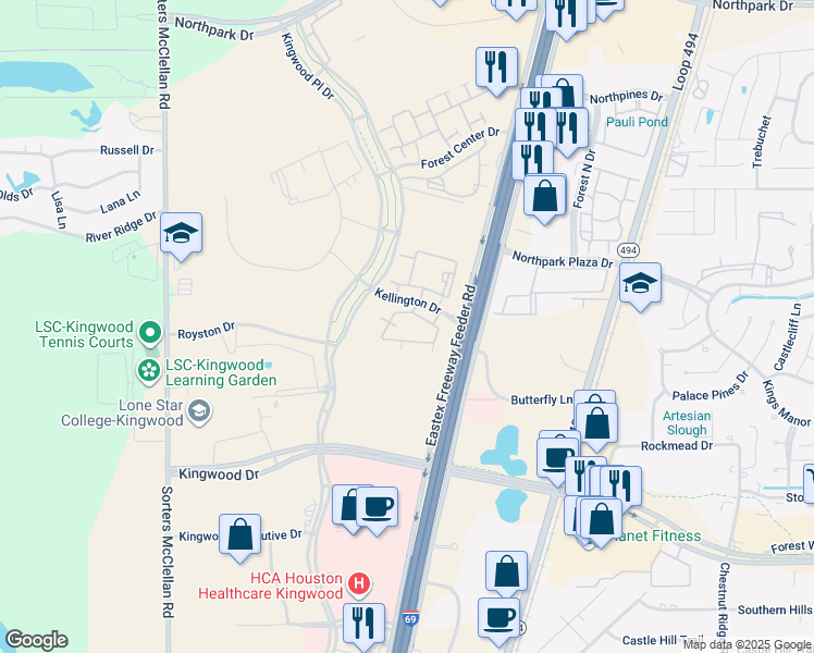 map of restaurants, bars, coffee shops, grocery stores, and more near 23423 U.S. 59 in Houston