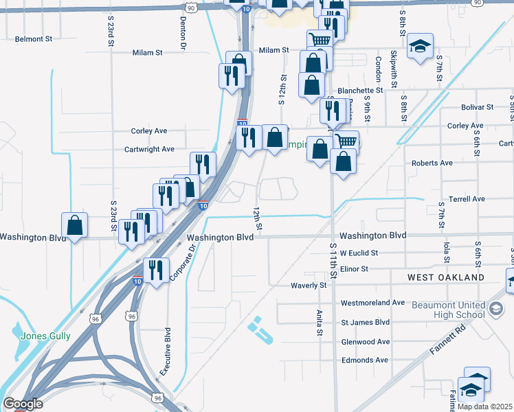 map of restaurants, bars, coffee shops, grocery stores, and more near 2825 12th Street in Beaumont