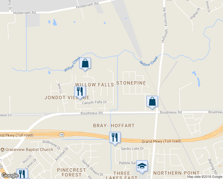 map of restaurants, bars, coffee shops, grocery stores, and more near 20207 Mammoth Falls Drive in Tomball