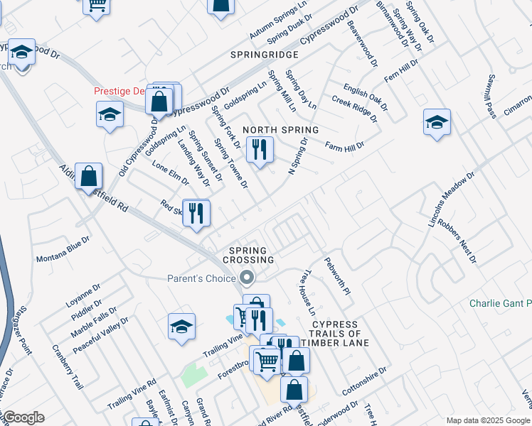 map of restaurants, bars, coffee shops, grocery stores, and more near 2211 Walnut Fair Lane in Spring