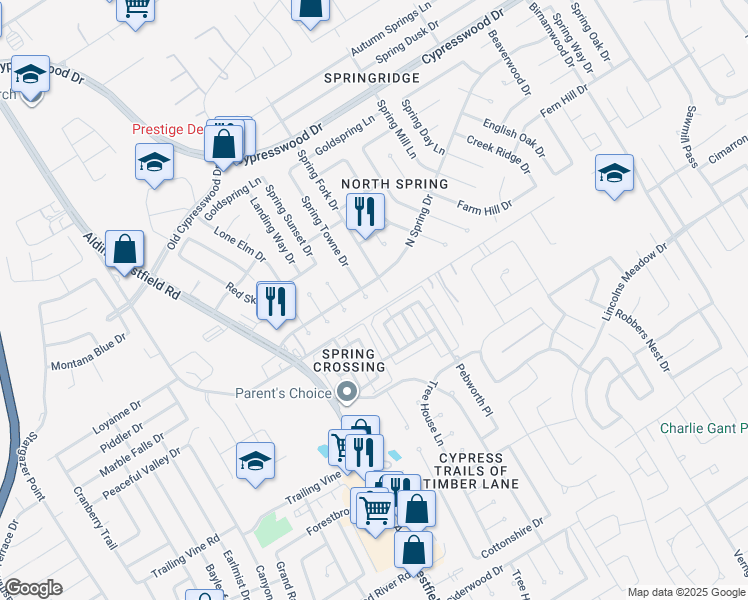 map of restaurants, bars, coffee shops, grocery stores, and more near 2211 Walnut Fair Lane in Spring