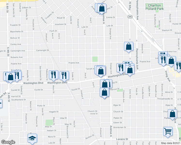 map of restaurants, bars, coffee shops, grocery stores, and more near 2950 Avenue C in Beaumont