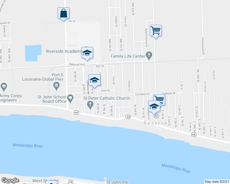 map of restaurants, bars, coffee shops, grocery stores, and more near 130 Toni Drive in Reserve