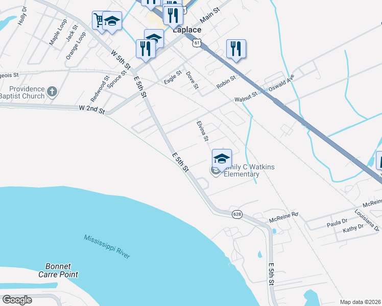 map of restaurants, bars, coffee shops, grocery stores, and more near 511 Janice Lane in LaPlace