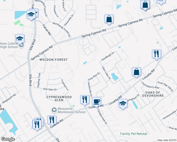 map of restaurants, bars, coffee shops, grocery stores, and more near 3211 Spring Cypress Road in Spring