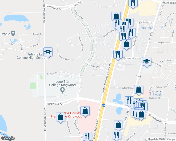 map of restaurants, bars, coffee shops, grocery stores, and more near 23650 Kingwood Place Drive in Humble