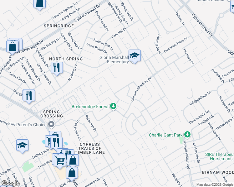map of restaurants, bars, coffee shops, grocery stores, and more near 2506 Joyful Forest Drive in Spring