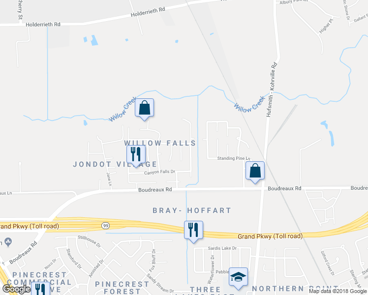 map of restaurants, bars, coffee shops, grocery stores, and more near 20214 Glacier Falls Drive in Tomball