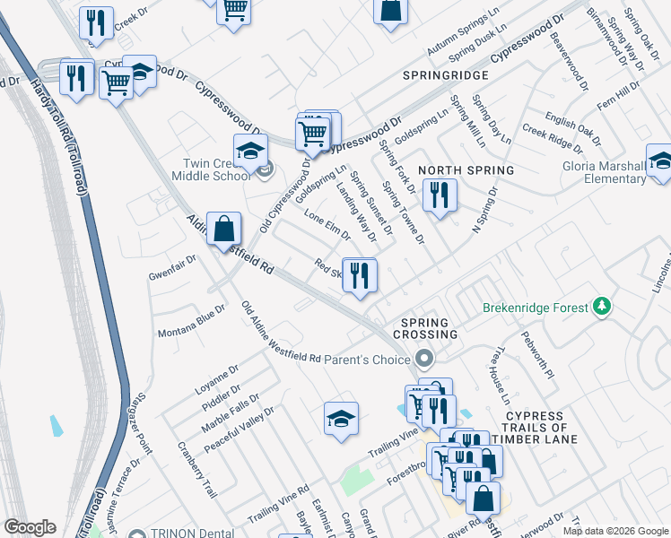 map of restaurants, bars, coffee shops, grocery stores, and more near 24015 Red Sky Drive in Spring