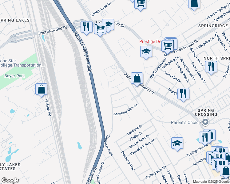 map of restaurants, bars, coffee shops, grocery stores, and more near 2423 Gwenfair Drive in Spring