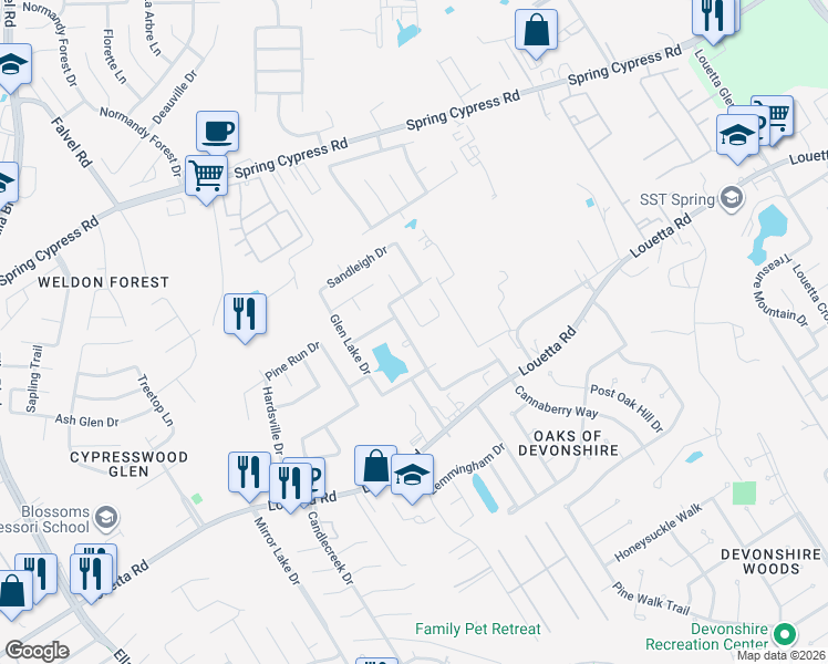 map of restaurants, bars, coffee shops, grocery stores, and more near 2910 Stemwood Drive in Spring
