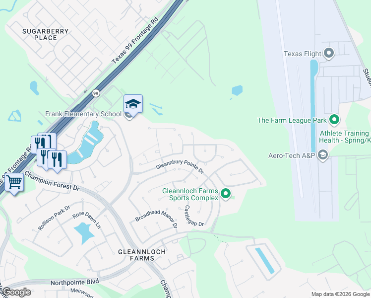 map of restaurants, bars, coffee shops, grocery stores, and more near 20014 Leithcrest Way in Spring