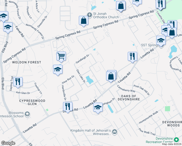 map of restaurants, bars, coffee shops, grocery stores, and more near 2827 Redwick Drive in Spring