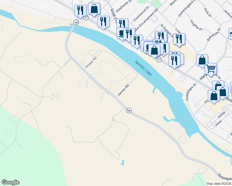 map of restaurants, bars, coffee shops, grocery stores, and more near 1151 Mallard Way in Kerrville