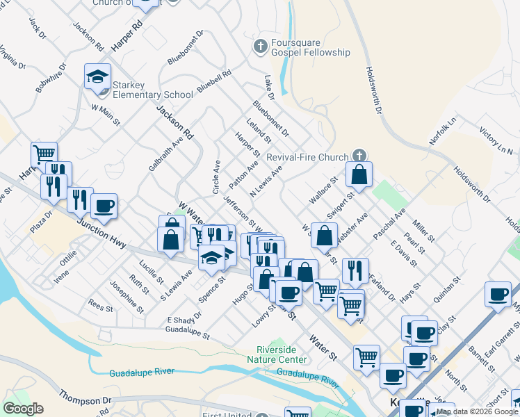 map of restaurants, bars, coffee shops, grocery stores, and more near 403 North Lewis Avenue in Kerrville