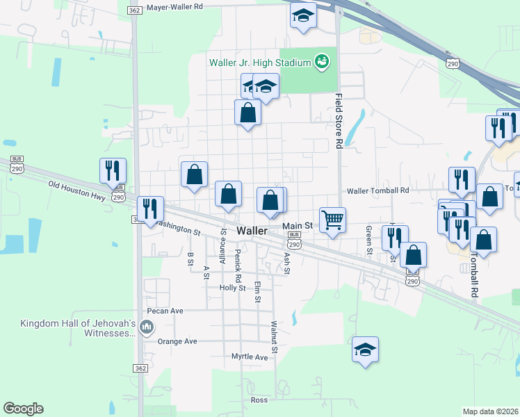 map of restaurants, bars, coffee shops, grocery stores, and more near 2414 Cherry Street in Waller