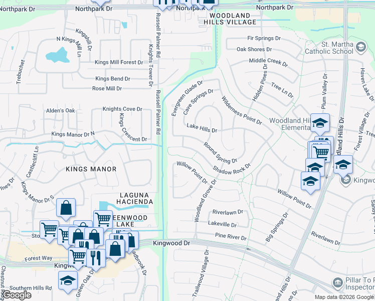 map of restaurants, bars, coffee shops, grocery stores, and more near 1906 Shadow Rock Drive in Humble