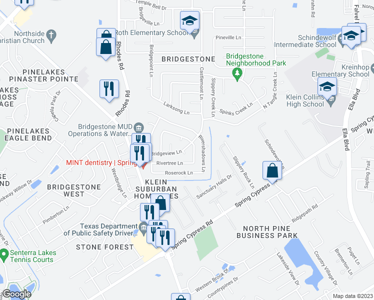 map of restaurants, bars, coffee shops, grocery stores, and more near 21010 Bridgeview Circle in Spring