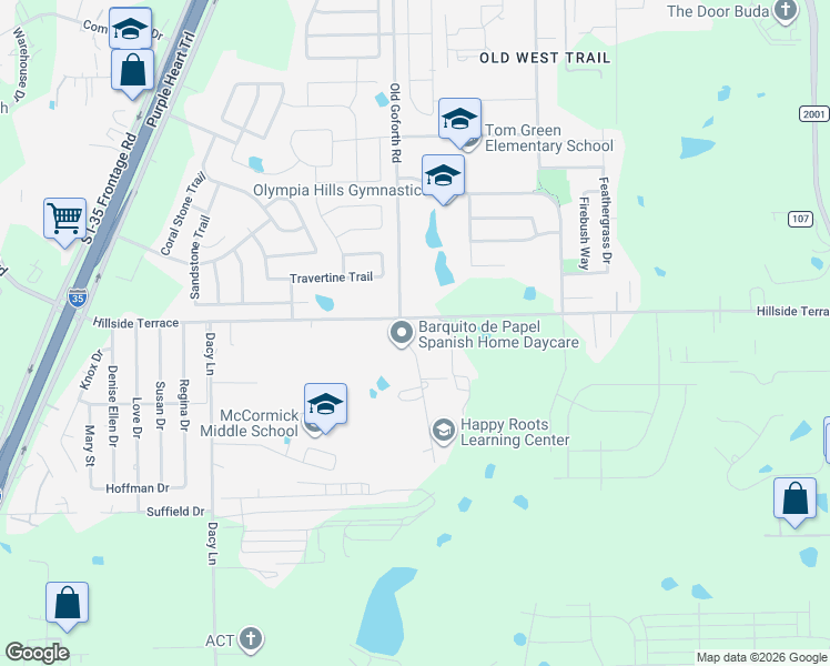 map of restaurants, bars, coffee shops, grocery stores, and more near 1380 Hillside Terrace in Buda