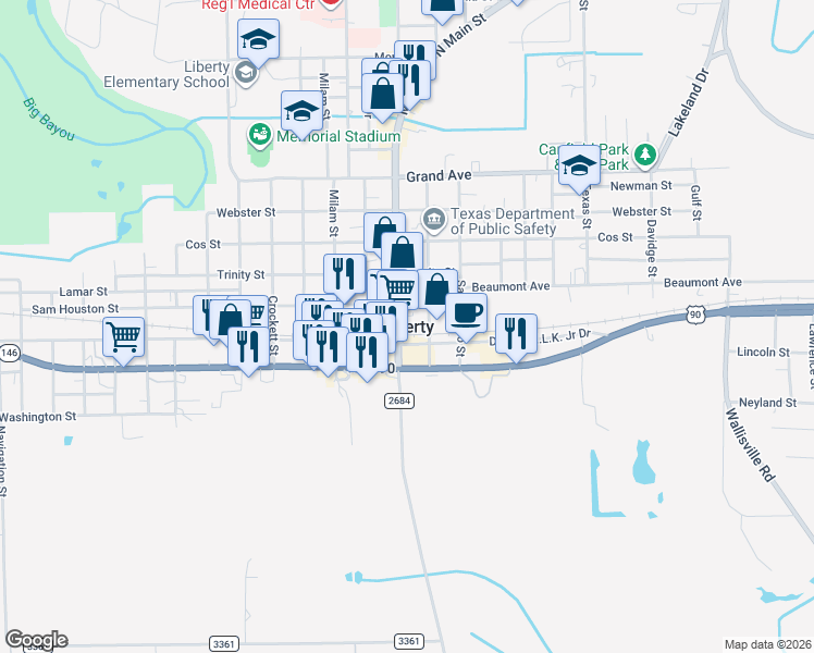 map of restaurants, bars, coffee shops, grocery stores, and more near in Liberty