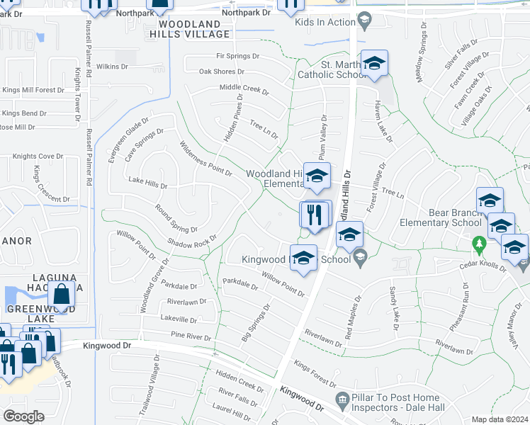 map of restaurants, bars, coffee shops, grocery stores, and more near 2114 Shadow Rock Drive in Humble