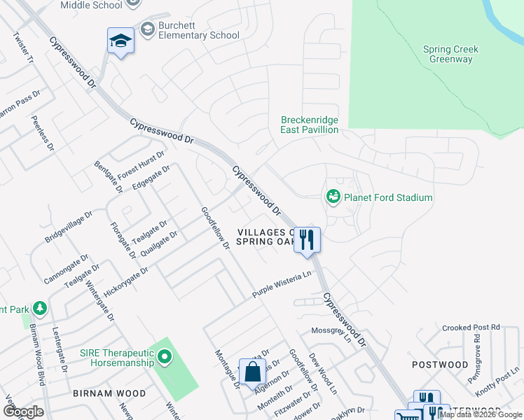 map of restaurants, bars, coffee shops, grocery stores, and more near 5219 Caymus Drive in Spring