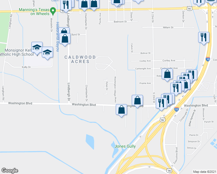 map of restaurants, bars, coffee shops, grocery stores, and more near 1540 Dylan Drive in Beaumont