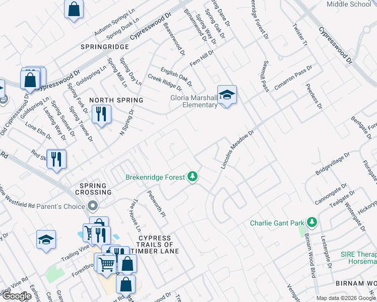 map of restaurants, bars, coffee shops, grocery stores, and more near 2507 Joyful Forest Drive in Spring